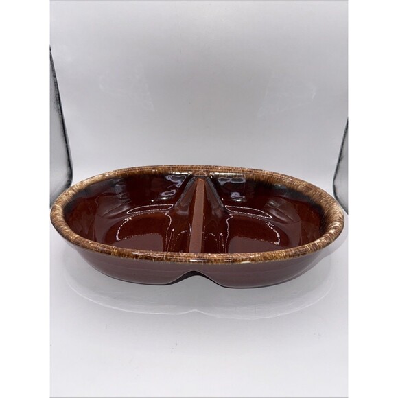 Vintage H.P. Hull USA Brown Drip Pottery Divided Casserole Dish Oven Proof EUC - Picture 1 of 8